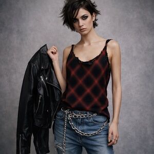 NWT Bella Dahl Red & Black Frayed Neck Cami SzM Goth Grunge Preppy